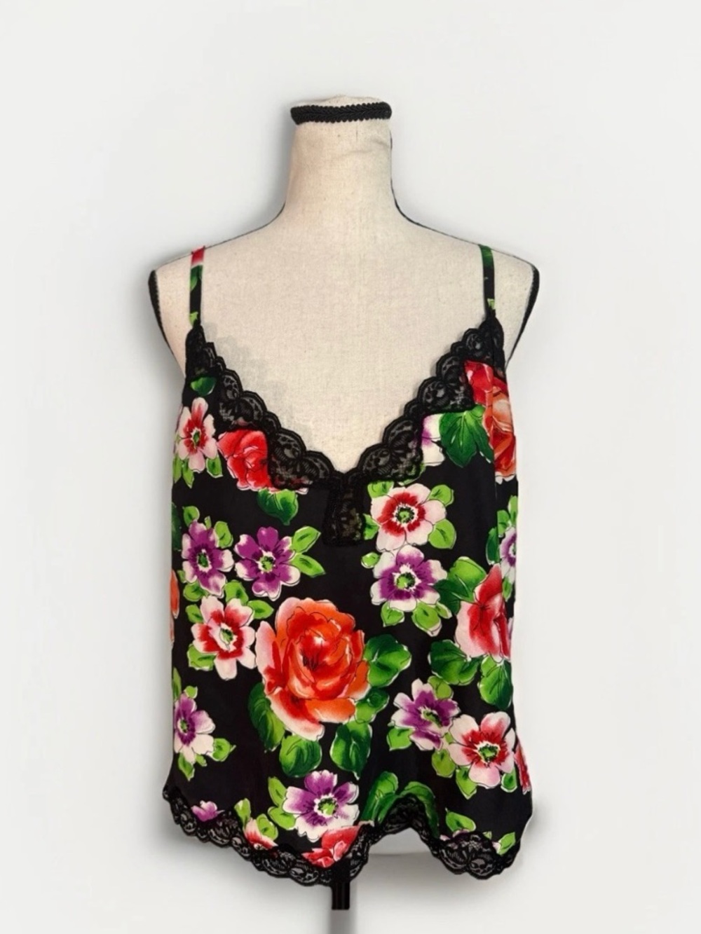 Vintage Victorias Secret Floral Lace Trim Cami Top Adjustable Straps Medium